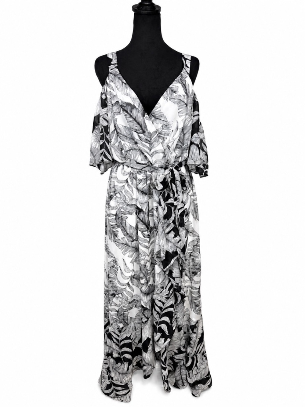 Sangria Cold Shoulder Tropical Leaf Faux Wrap Dress Black White Size 16W